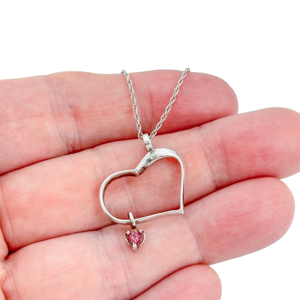 Vintage Sterling Silver 925 Garnet Dangle Heart Necklace 16"-17.5"